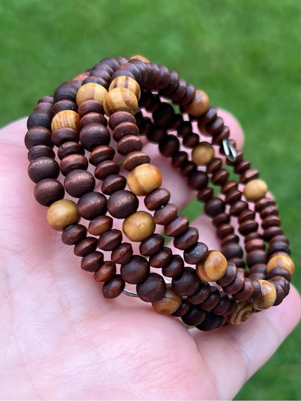 Handmade Natural Wood Bead memory wire Bracelet — Brown & Tan